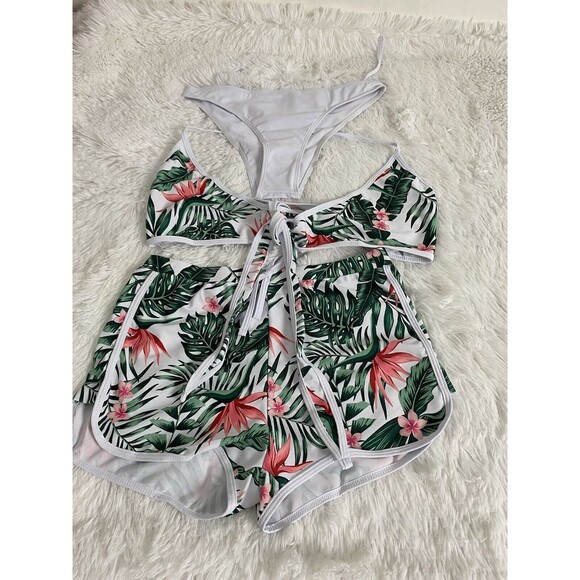 SweatyRocks Womens Three Piece Swimsuit Leaf Print Wrap Halter Top Shorts Size L - Picture 4 of 11